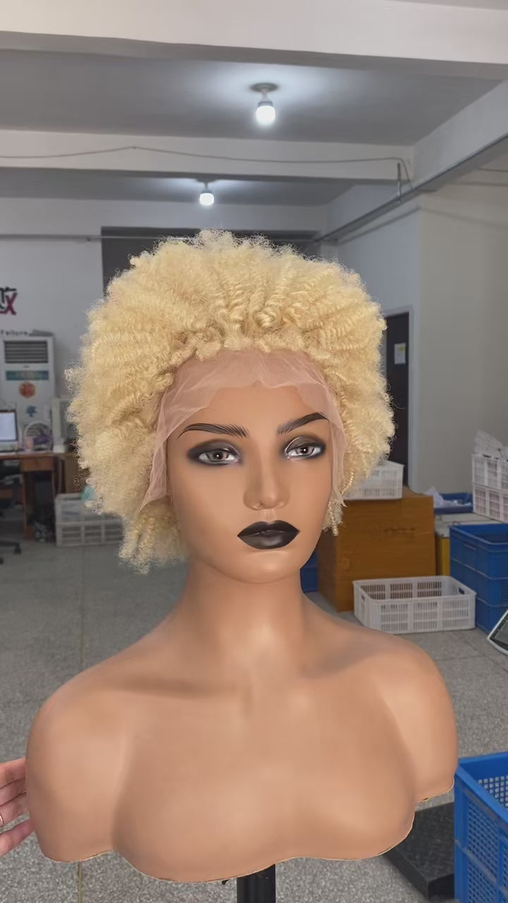 Short Human Hair Blonde Afro Wig Lace Front Brazilian Hair for Black Women