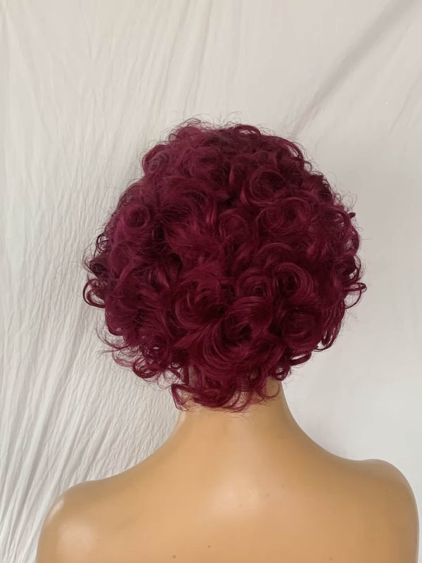 purple color curly pixie cut human hair wig