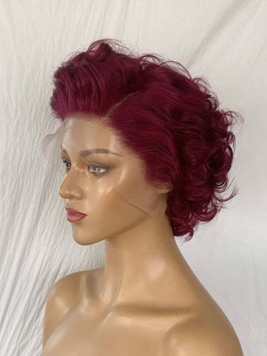 purple color curly pixie cut lace frontal wig