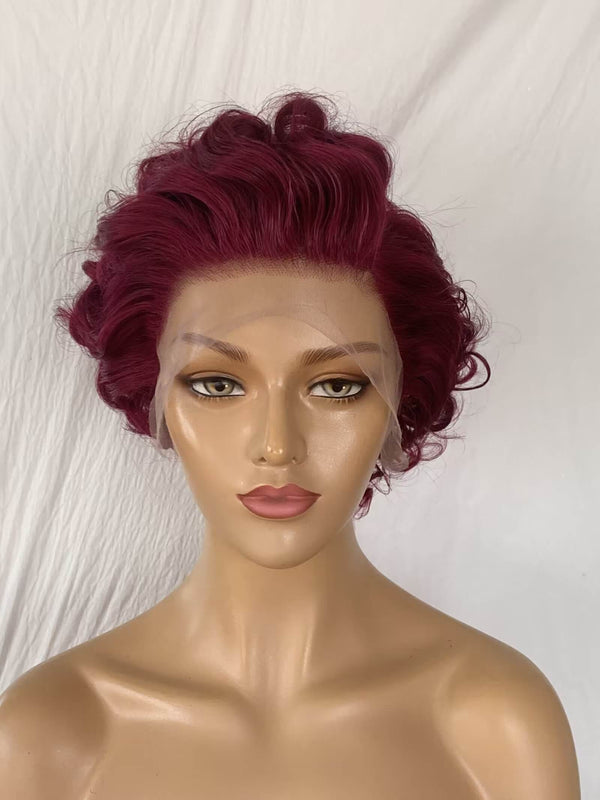 purple color curly pixie cut lace wig