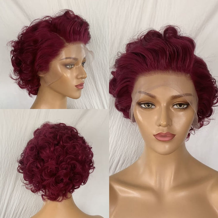 Purple Color Curly Pixie Cut Wig Human Hair Lace Front for African American