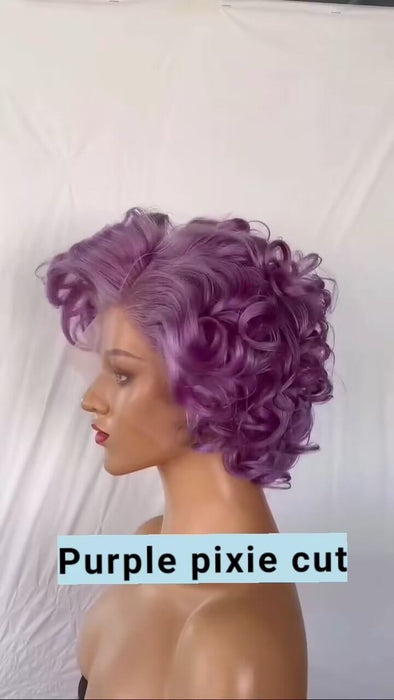 purple curly pixie cut lace frontal wig