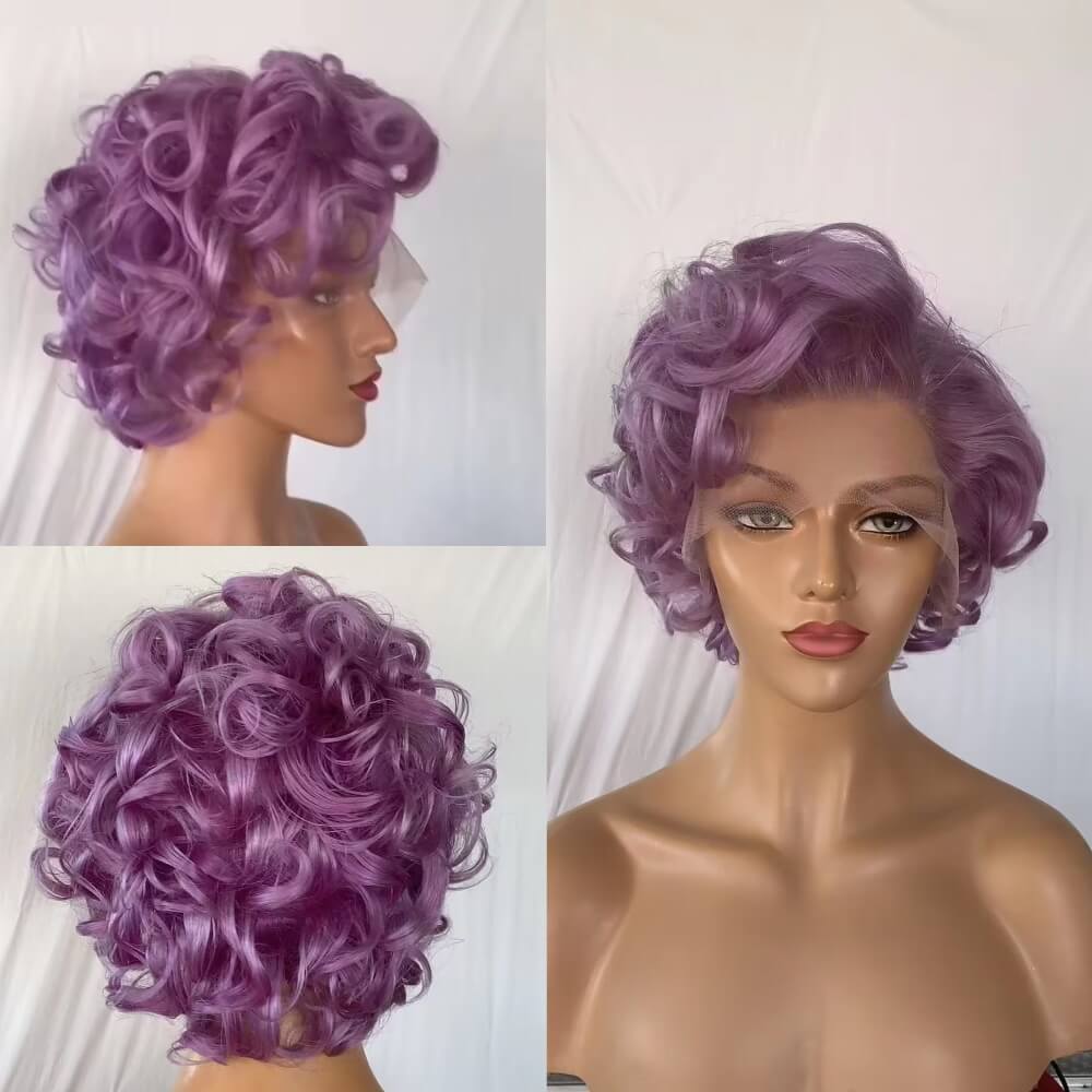 Perruque de cheveux humains courts violets bouclés coupe lutin pour femmes noires