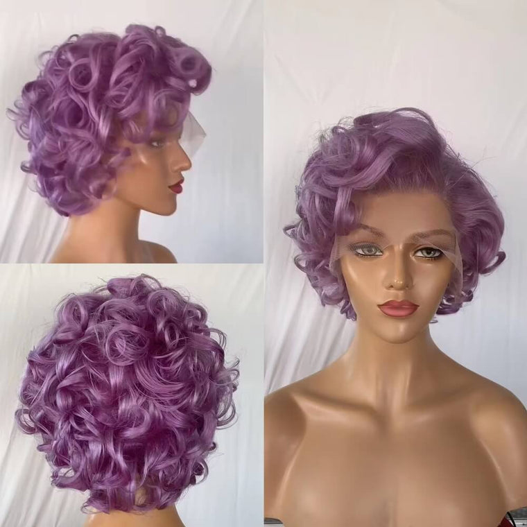 Purple Curly Pixie Cut Lace Wig Short Human Hair for Black Women
