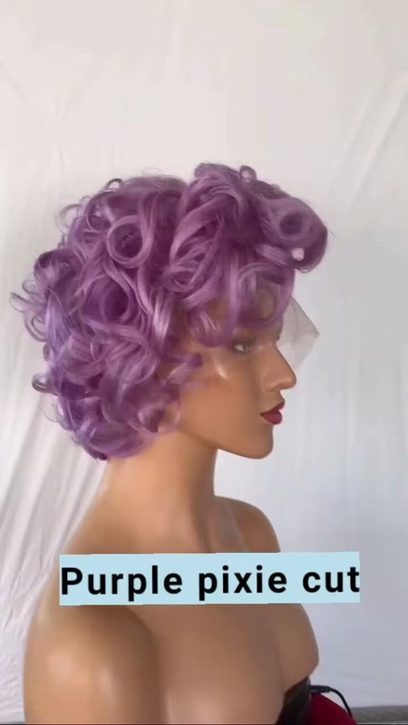 purple curly pixie cut lace wig human hair
