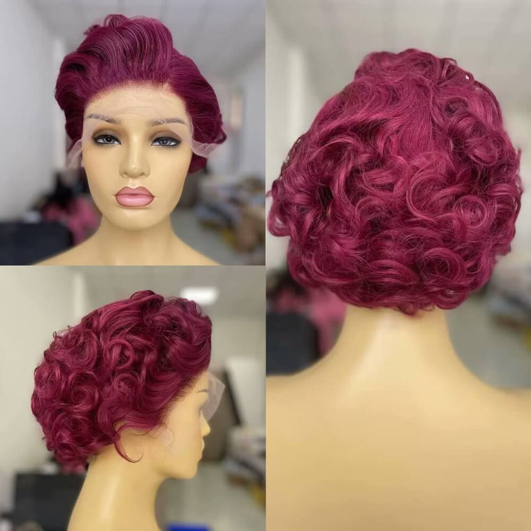 Purple Pixie Cut Lace Wig Wave Human Hair for African American