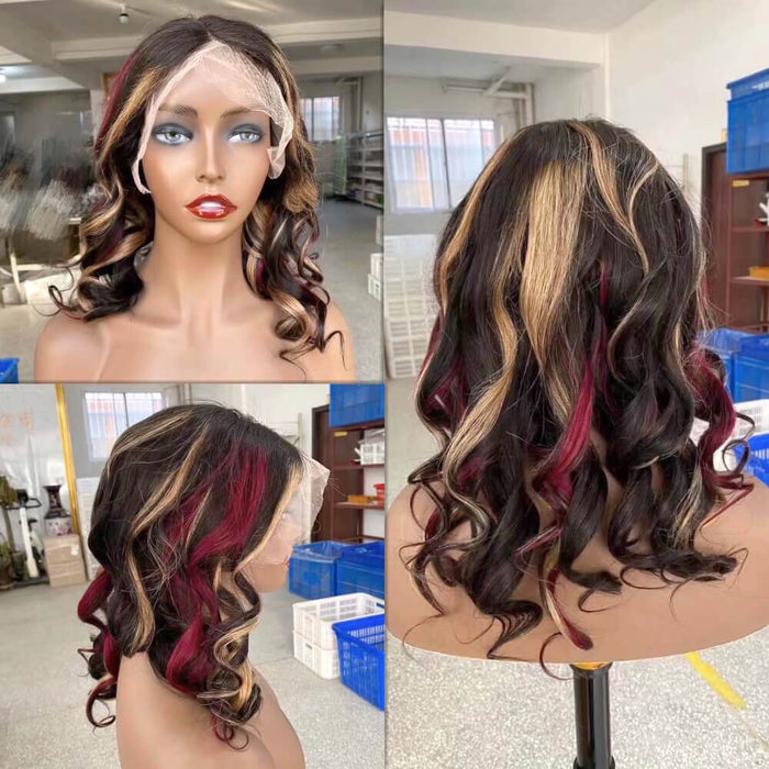 Red Highlight Human Hair Lace Frontal Wig Loose Wave for African American-4