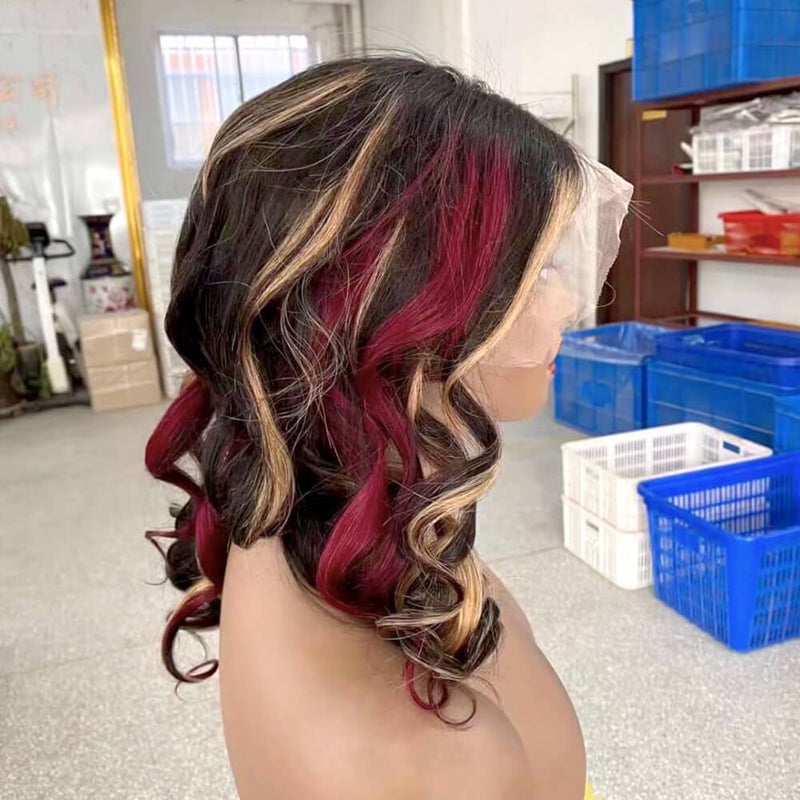 Red Highlight Human Hair Lace Frontal Wig Loose Wave for African American-6