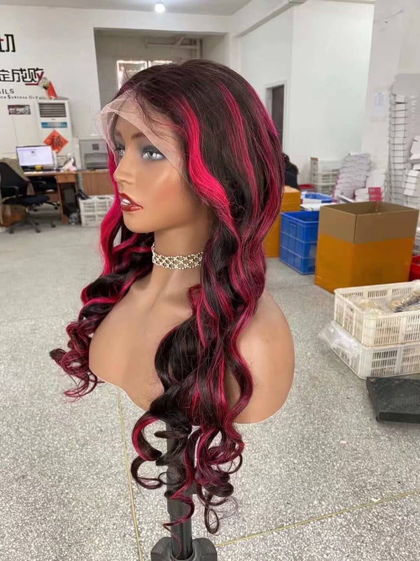 Loose Wave Lace Frontal Wig with Pink Highlight Human Hair  for African American-4
