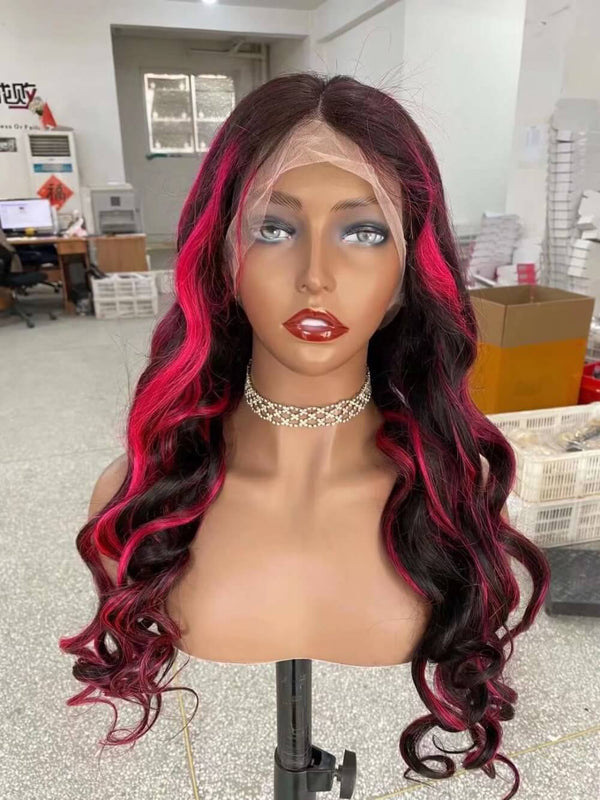 Loose Wave Lace Frontal Wig with Pink Highlight Human Hair  for African American-5