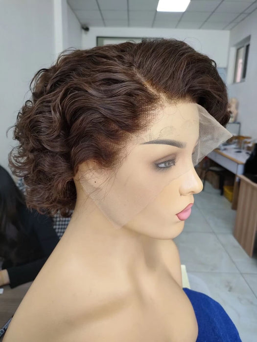short Dark Brown Pixie Cut Wig Human Hair Lace Frontal Wig for Black Women