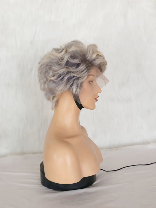 short Gray Color Human Hair Curly Pixie Cut Lace Wig for Black Women