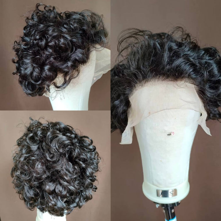 Short Black Curly Human Hair Lace Wig Pixie Cut for African American