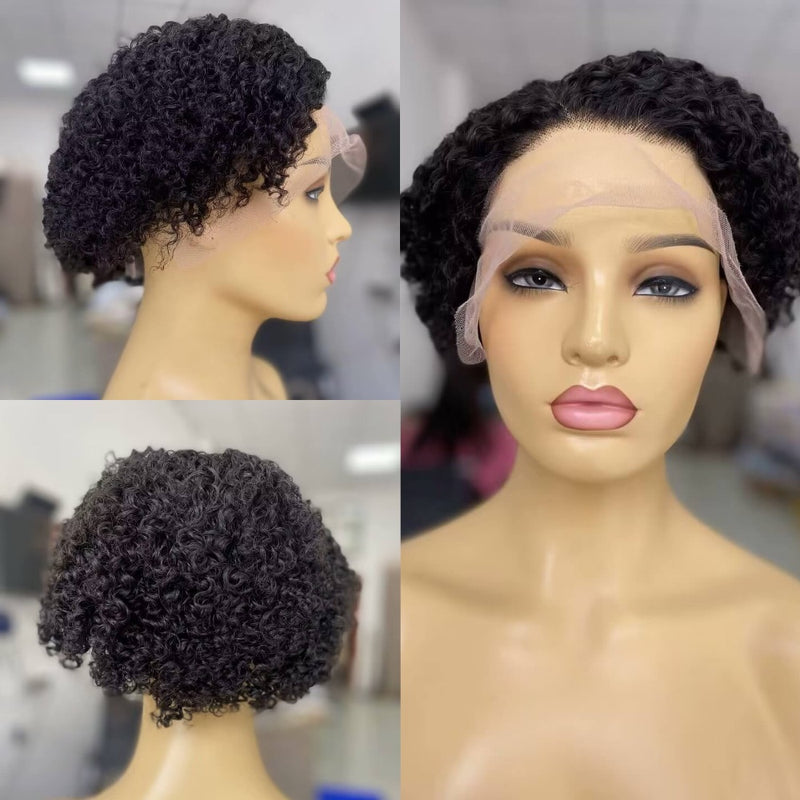 short black kinky curl pixie cut lace front wig