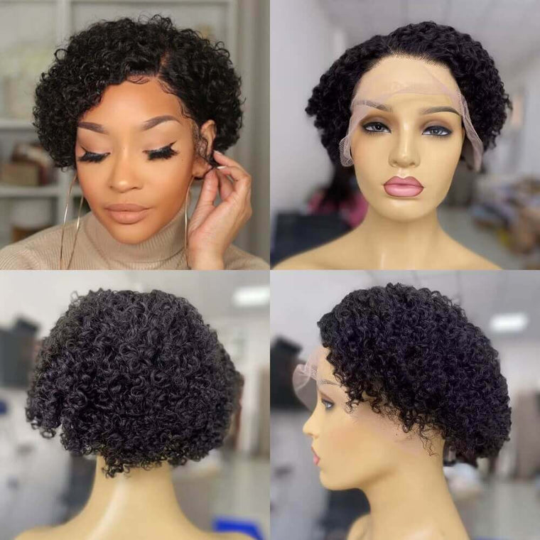 Short Black Kinky Curl Pixie Cut Wig Lace Frontal for Black Women