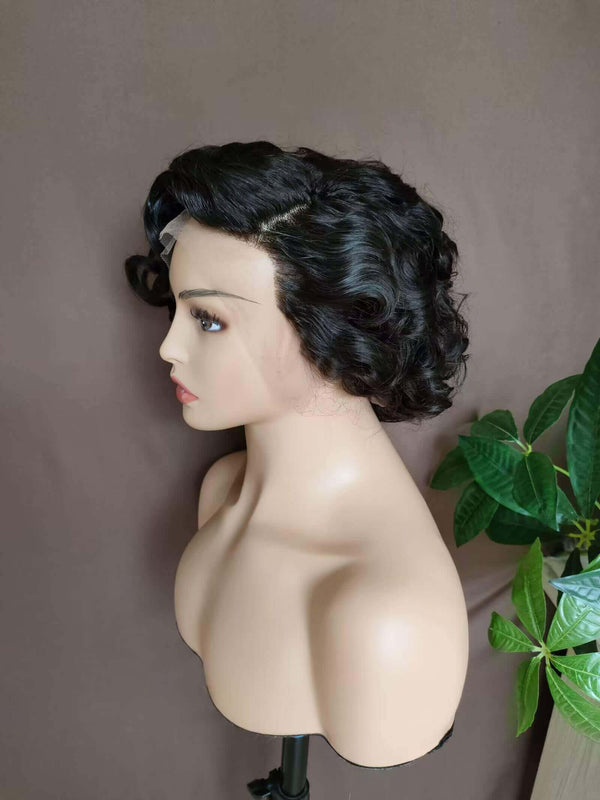 short black wave human hair lace front wig