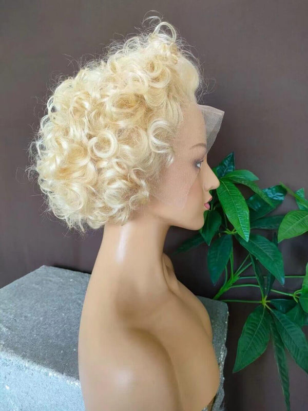    short blonde color pixie cut lace wig human hair curly