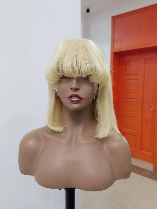Short Blonde Human Hair Bob Wig with Bangs Lace Frontal for African American-5