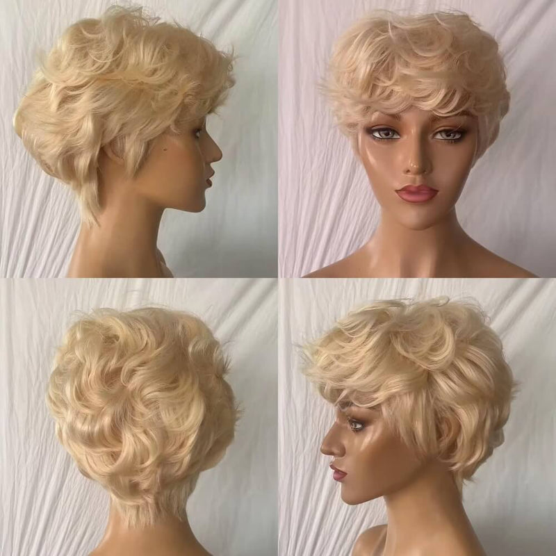 short blonde pixie cut body wave wig