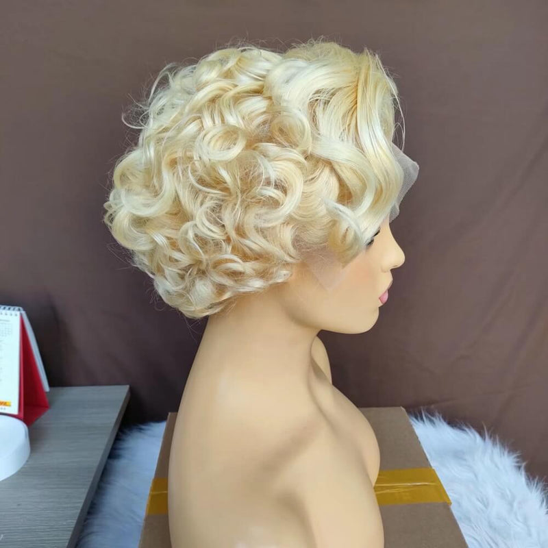 short blonde pixie cut curly wig human hair