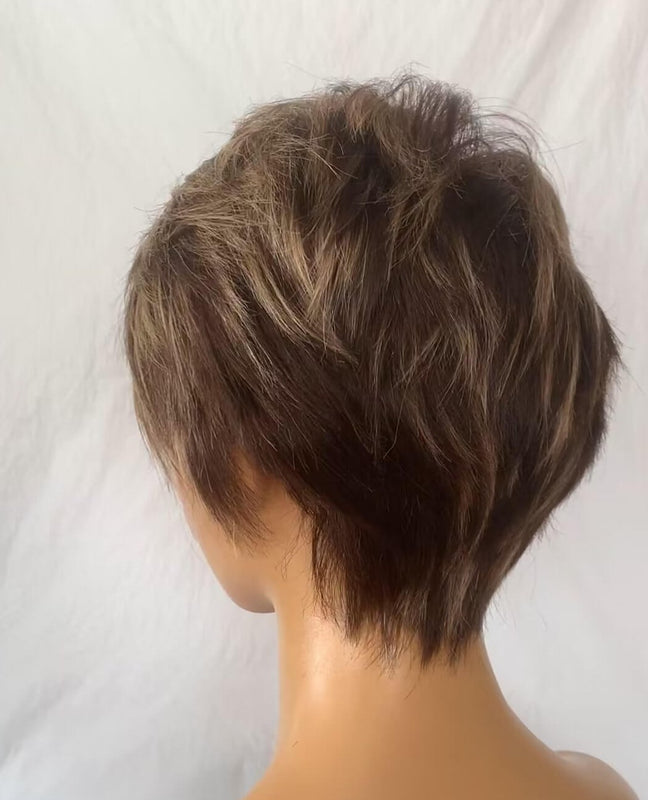 short brown mix color straight pixie cut lace frontal wig