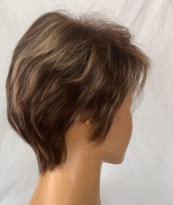 short brown mix color straight pixie cut wig human hair