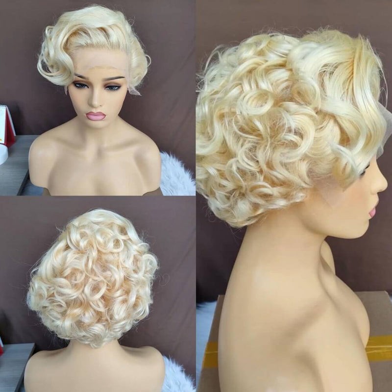 short curly blonde pixie cut wig
