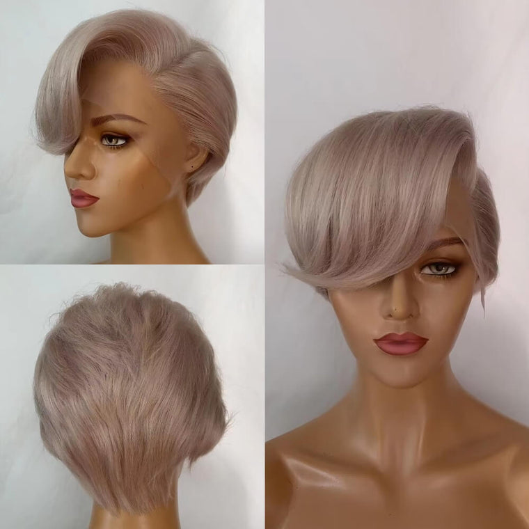 Short Gray Straight Pixie Cut Lace Wig Human Hair for African American