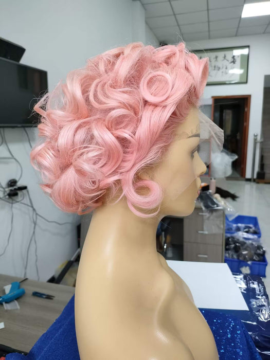 short pink curly pixie cut human hair wig