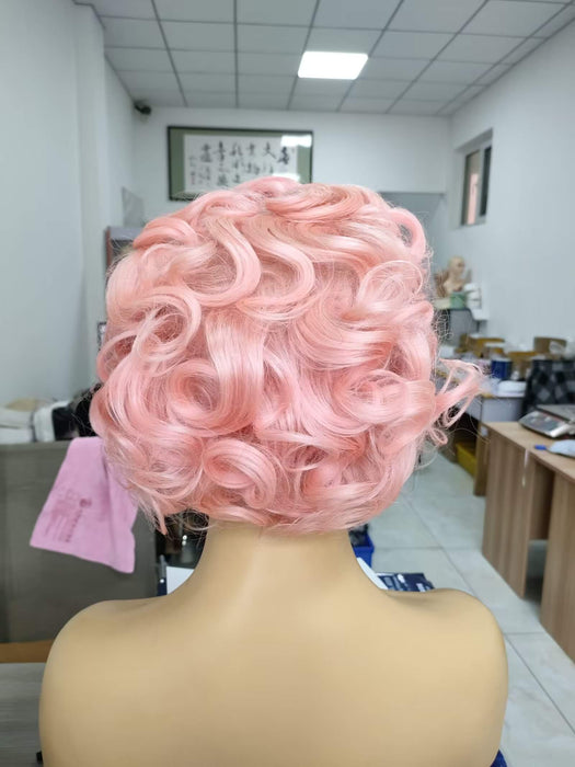 short pink curly pixie cut lace wig