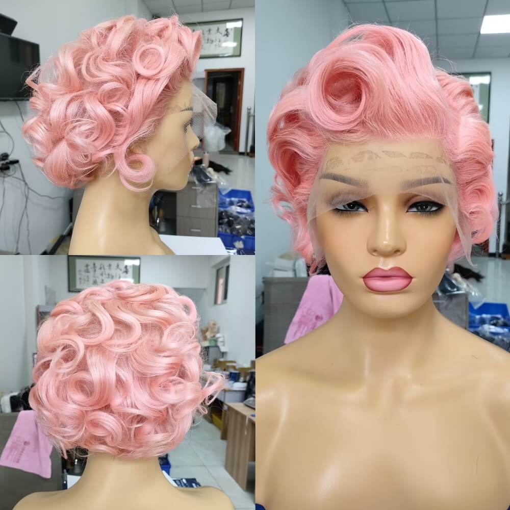 short pink curly pixie cut wig