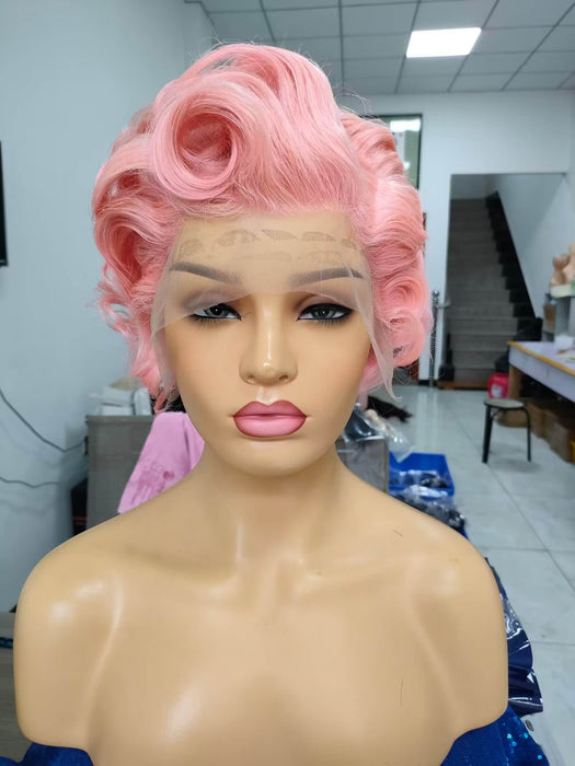 short pink curly pixie cut wig human hair