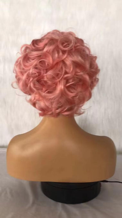 short pink loose wave pixie cut human hair lace wig