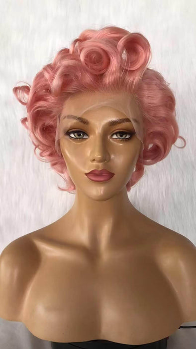 short pink loose wave pixie cut human hair wig