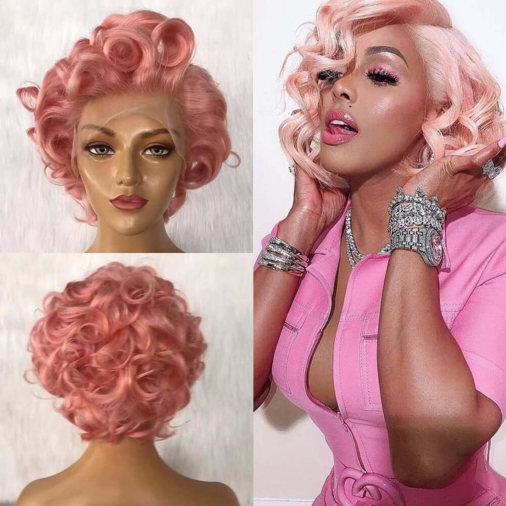 short pink loose wave pixie cut wig