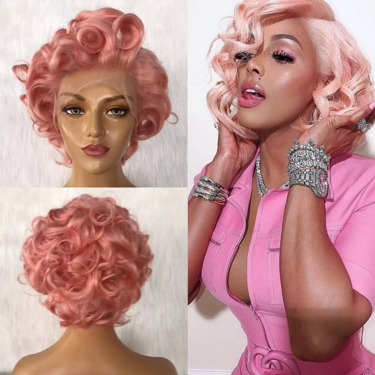 Short Pink Loose Wave Pixie Cut Wig Human Hair Lace Front for Women