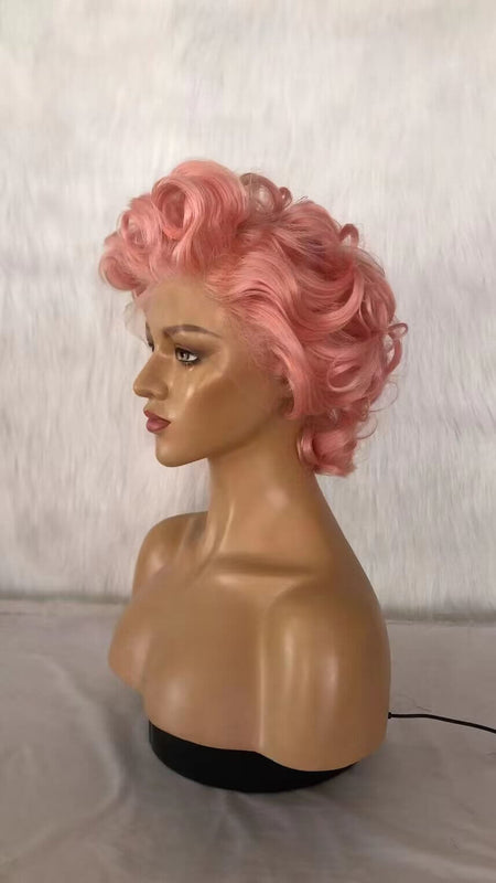 short pink loose wave pixie cut wig human hair