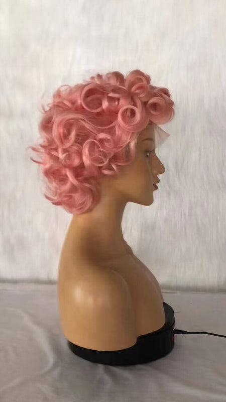 short pink pixie cut human hair wig wave