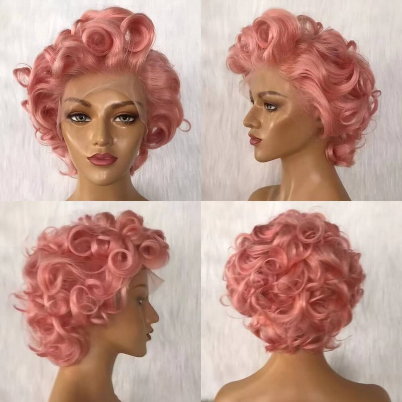 short pink wave pixie cut wig