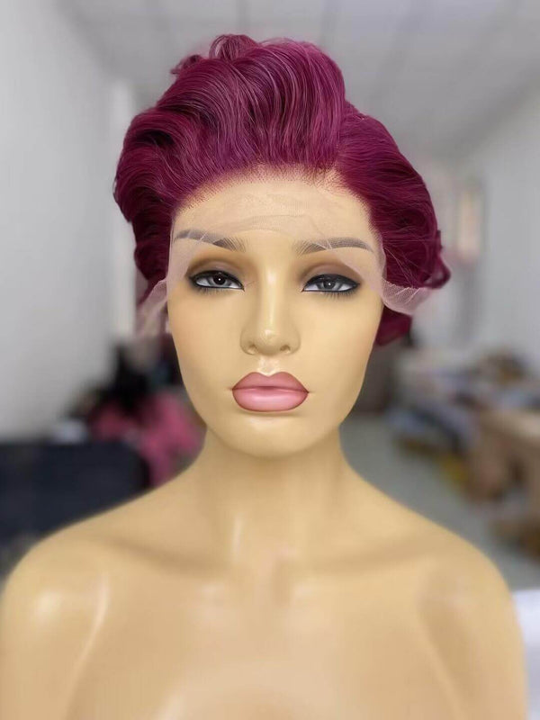 short purple pixie cut lace wig wave