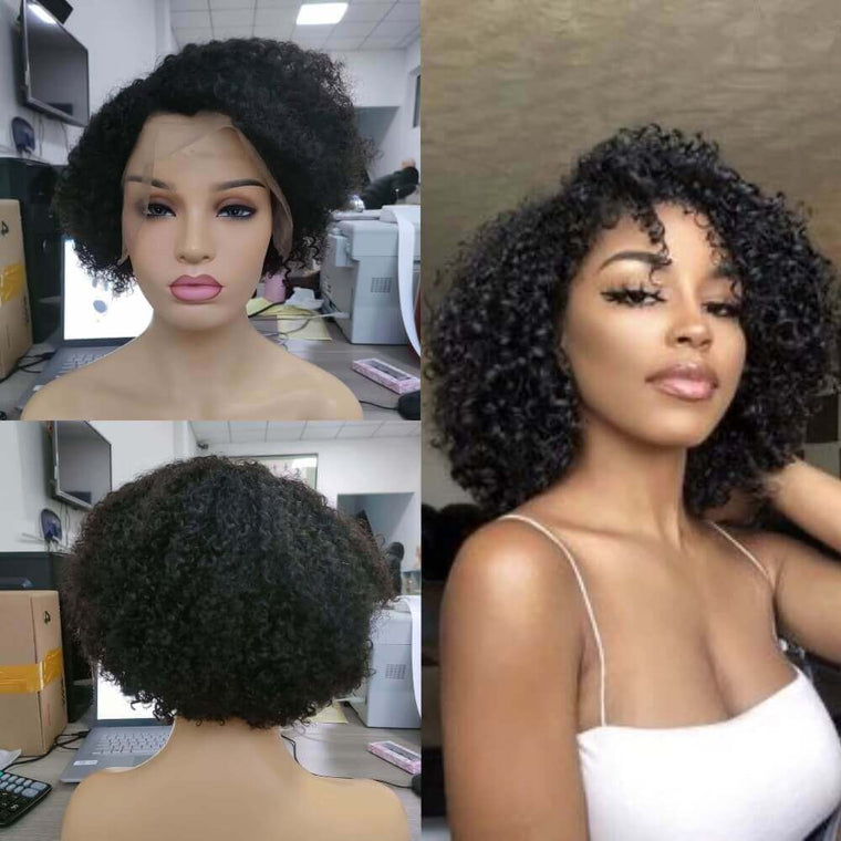 Side Part Afro Kinky Pixie Cut Wig Lace Front Human Hair for Black Women