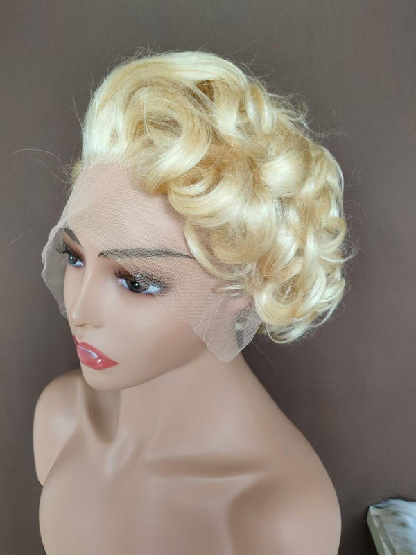 side part curly blonde pixie cut wig