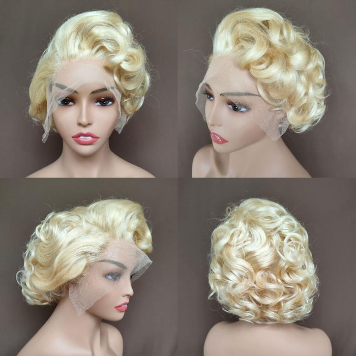side part curly pixie cut wig 613 color