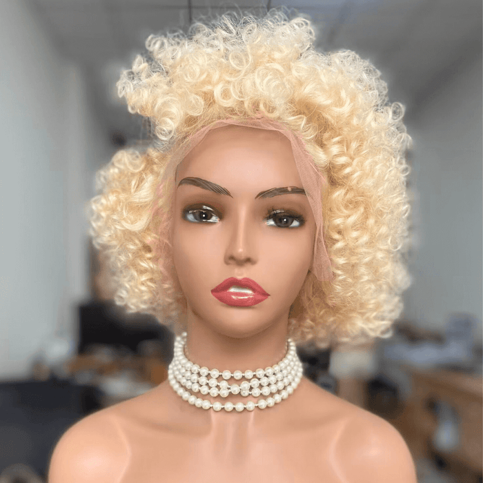 Short Blonde Afro Kinky Wig Lace Frontal Brazilian Hair for Black Women -1
