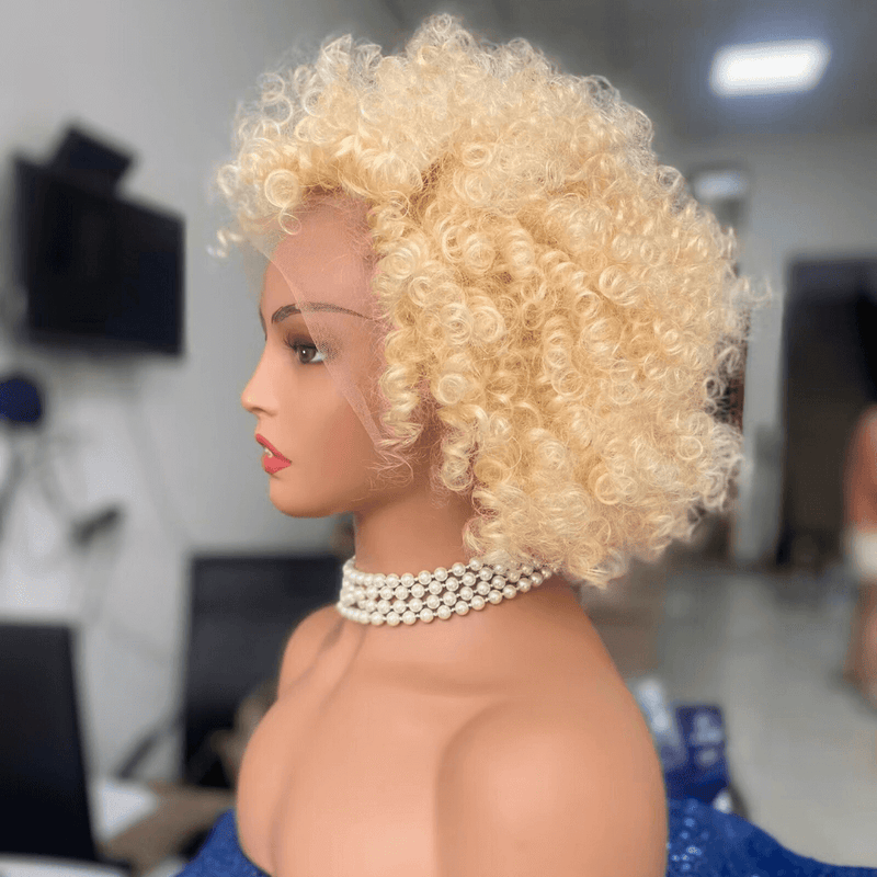 Short Blonde Afro Kinky Wig Lace Frontal Brazilian Hair for Black Women -4