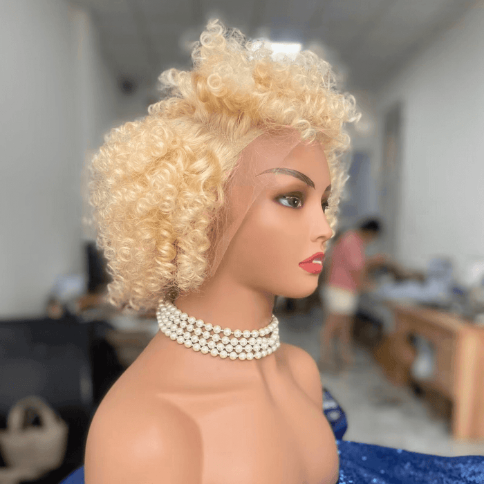 Short Blonde Afro Kinky Wig Lace Frontal Brazilian Hair for Black Women -5