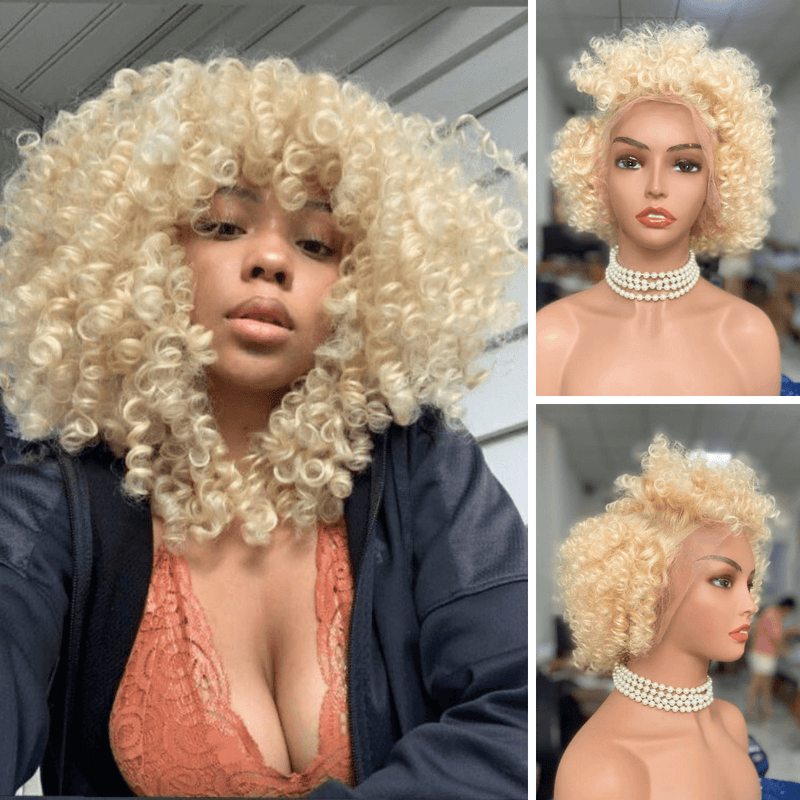 Short Blonde Afro Kinky Wig Lace Frontal Brazilian Hair for Black Women -main