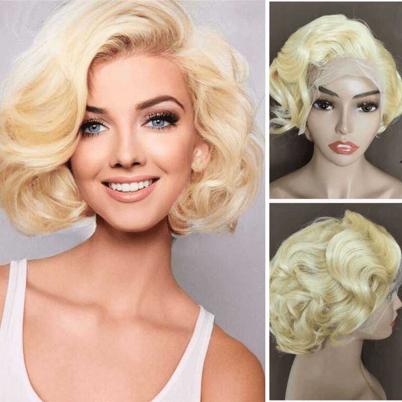Curly Blonde Pixie Cut Lace Wig with Side Part Bangs Human Hair-main