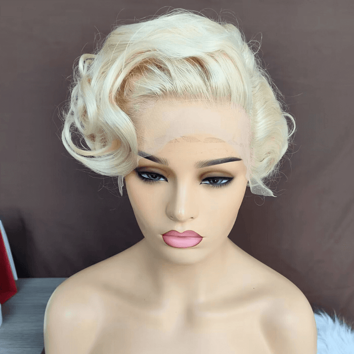 Blonde Pixie Cut Lace Frontal Curly Wig with Side Part Bangs Brazilian Hair-1