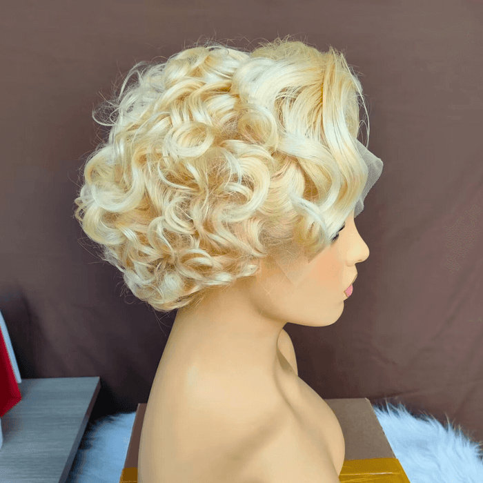 Blonde Pixie Cut Lace Frontal Curly Wig with Side Part Bangs Brazilian Hair-2